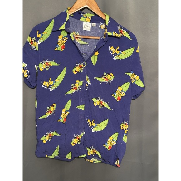 MAD Engine Tops - The Simpsons Bart & Milhouse Surfing Hawaiian Rayon Button Up Shirt Adult Medium